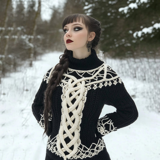 Women's Tribal Viking Celtic Knotwork Jacquard Turtleneck Sweater artswardrobe
