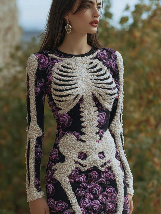 Women's Vintage Halloween Skeleton Bones With Rose Art Cozy Knit Mini Sweater Dress artswardrobe
