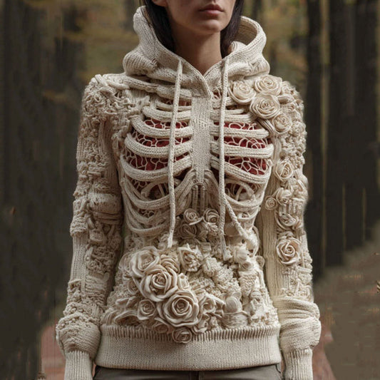 Women's Vintage Skeleton And Floral Knit Hooded Sweater artswardrobe