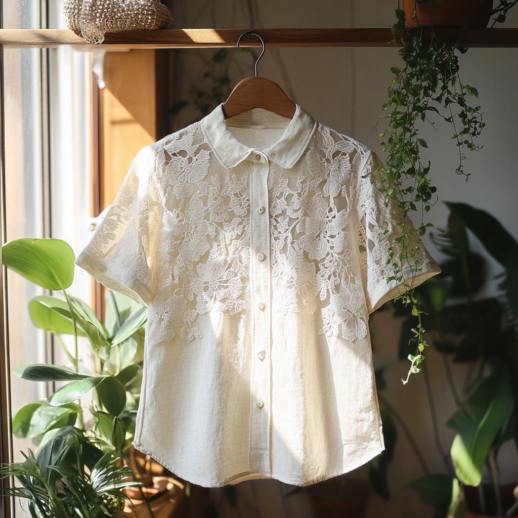 Comstylish Women's Retro Floral Lace Embroidery Art Shirt