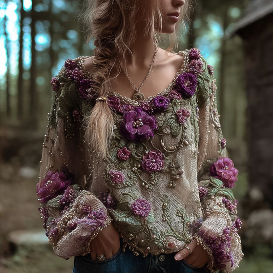 Bohemian Style Round Neck Long Sleeve 3d Purple Flower Design Women's Sweater artswardrobe