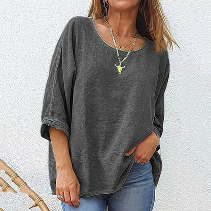 Women's Cotton And Linen Casual Loose Round Neck Long Sleeve T-shirt artswardrobe