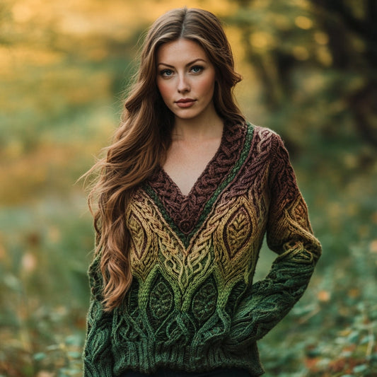 Women's Intricate Celtic Knot Leaf Jacquard V Neck Sweater artswardrobe