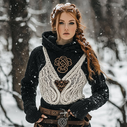 Women's Viking Tribal Jacquard Celtic Inspired Chunky Knit Hooded Sweater artswardrobe