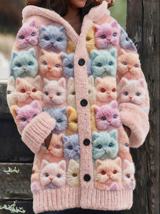 Cute Cozy Pastel Cats Art Cozy Knit Hooded Cardigan