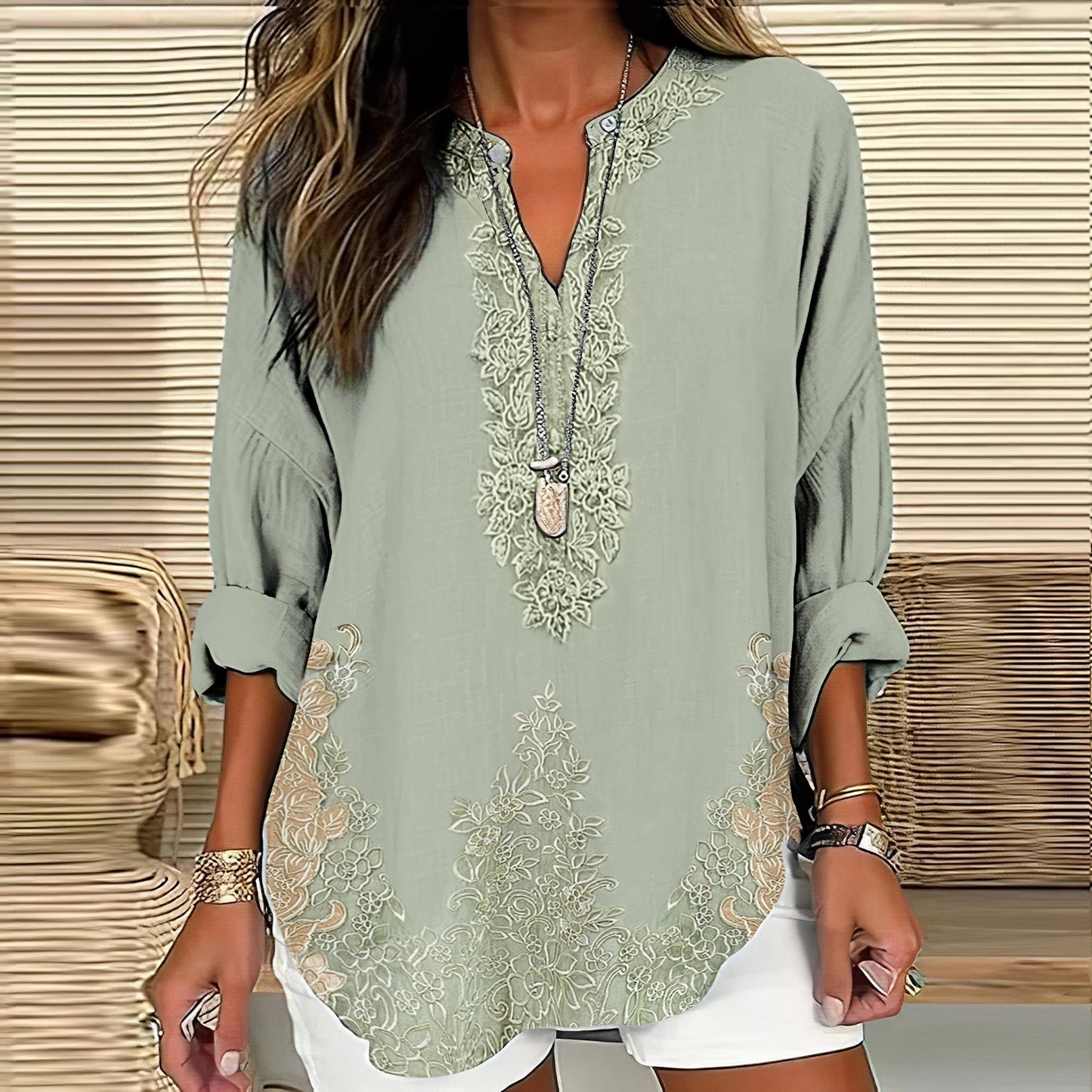 Comstylish Women's Retro Floral Art Linen Print Casual Shirt