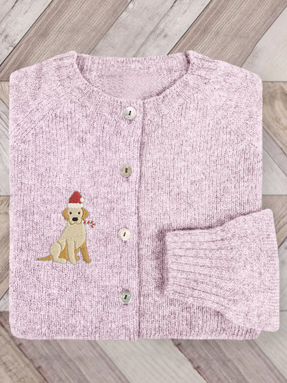 Comstylish Cute Christmas Dog Embroidered Cozy Knit Cardigan