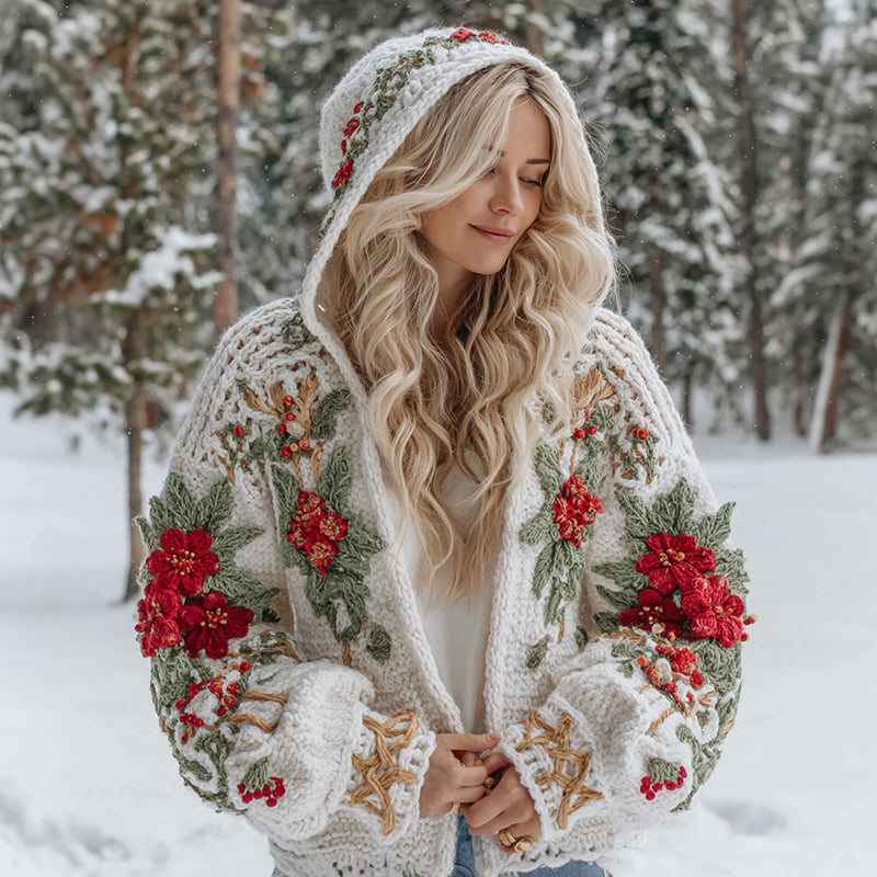 Women's Christmas Flower Celtic Knot Jacquard Button Chunky Hooded Sweater artswardrobe