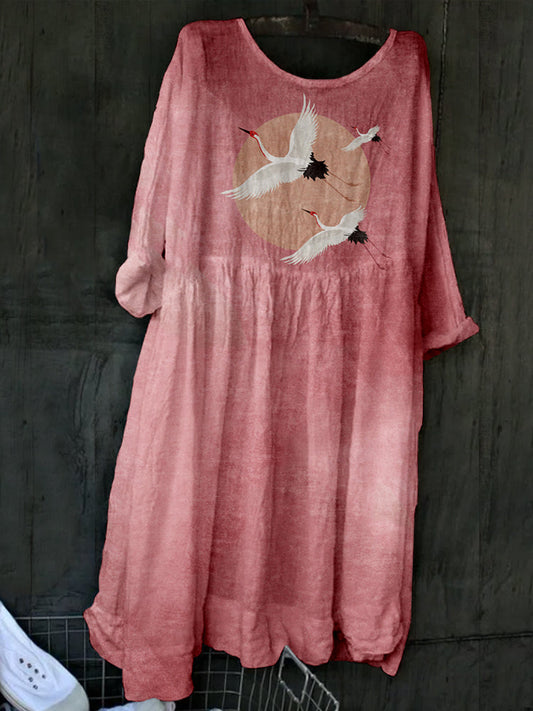 Flying Cranes Japanese Art Pattern Pleated Maxi Dress