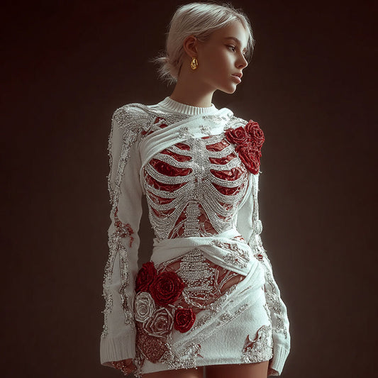 Women's Halloween Skeleton Rose Bandage Sequins Art Knit Mini Sweater Dress artswardrobe