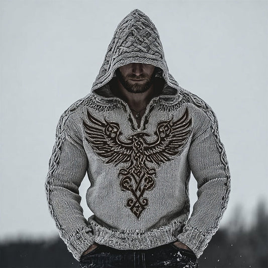 Men's Viking Valhalla Eagle Embroidered Cozy Hooded Sweater artswardrobe