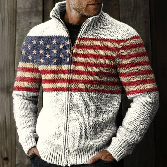 Vintage Usa Flag Patriotic Art Simplicity Print Knit Stand Collar Zip Up Sweater artswardrobe