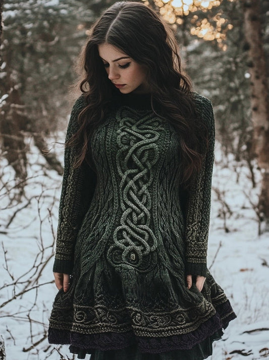 Viking Mystical Celtic Knot Cozy Knit Flare Sweater Dress artswardrobe