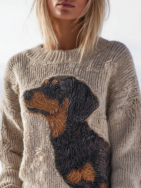Cute Dachshund Embroidered Cozy Knit Sweater artswardrobe