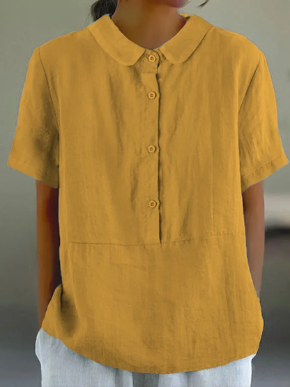 LM | Santorini - Women's plain-colored casual shirt with a round neckline and buttons.
