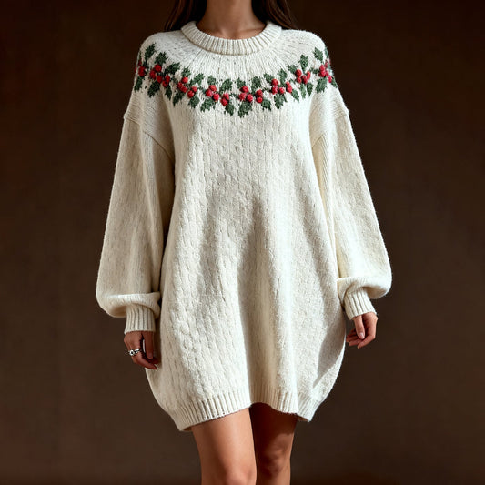 Christmas Holly Fairman Isle Print Knit Sweater Dress artswardrobe