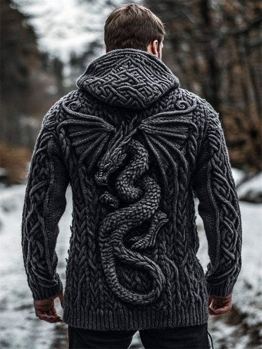 Men's Evil Dragon Viking Celtic Chunky Hooded Cardigan artswardrobe