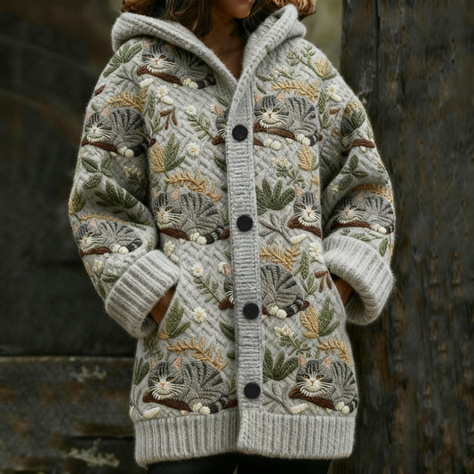 Comstylish Women's Retro Lazy Cat Graphic Jacquard Hooded Knit Cardigan