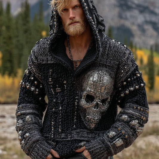 Men's Vintage Skull Gothic Art Design Knit Hooded Sweater artswardrobe