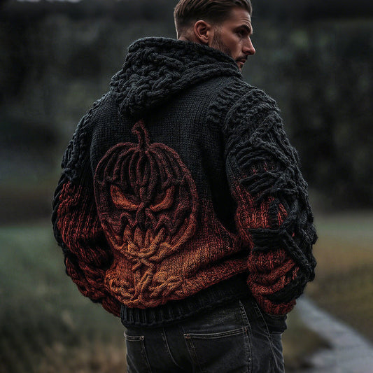 Men's Vintage Spooky Pumpkin Face Celtic Gradient Art Knit Zip-up Hooded Sweater artswardrobe