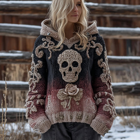 Women's Halloween Skeleton Rose Hooded Sweater artswardrobe