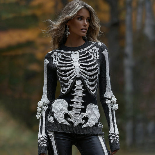 Women's Halloween Skeleton Bones With Roses Art Knitted Warm Sweater artswardrobe