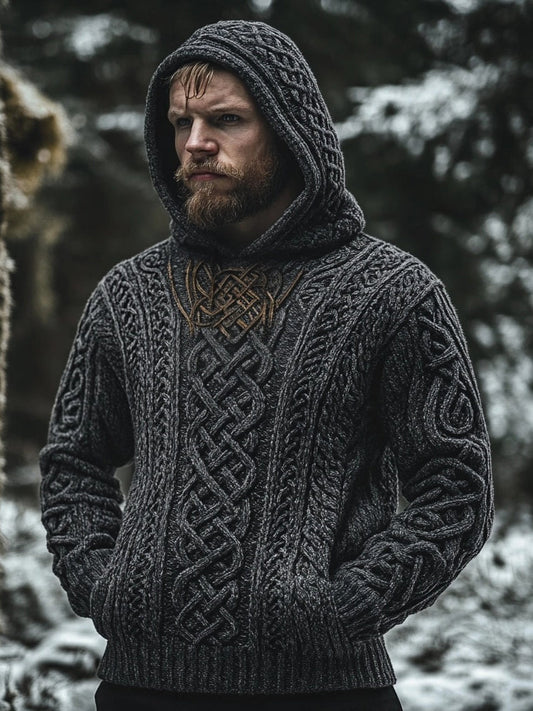 Men's Viking Inspired Celtic Jacquard Cozy Hooded Sweater artswardrobe
