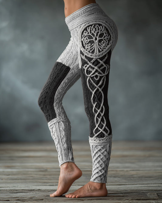 Vintage Viking Tree Of Life Celtic Knot Art Knit Jacquard Cozy Leggings artswardrobe