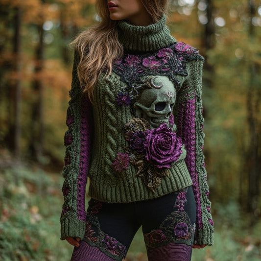 Women's Retro Sugar Skull And Rose Contrast Jacquard Cozy Warm Turtleneck Sweater artswardrobe