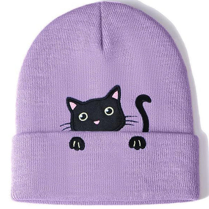 Cat Embroidery Cute Cat Knitted Hat elevenforest