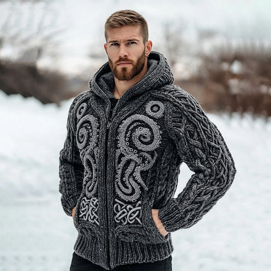 Men's Viking Cthulhu Octopus Celtic Knit  Vintage Zipper Hooded Sweater artswardrobe