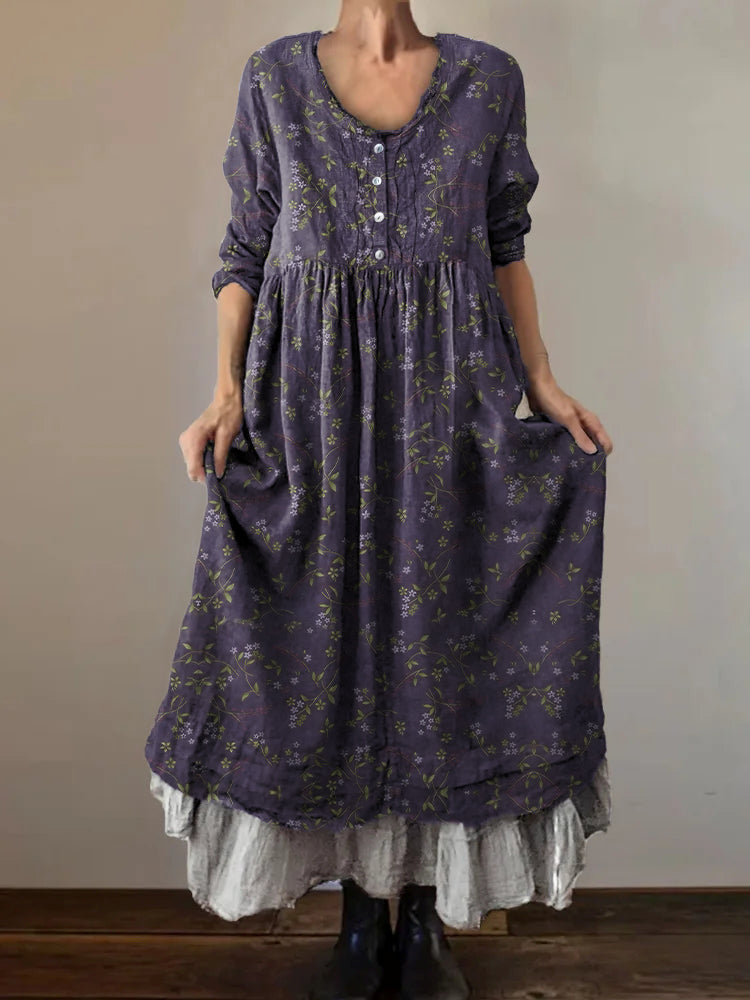 Women's Vintage Floral Art Print V-Neck Button Pocket Cotton Dress