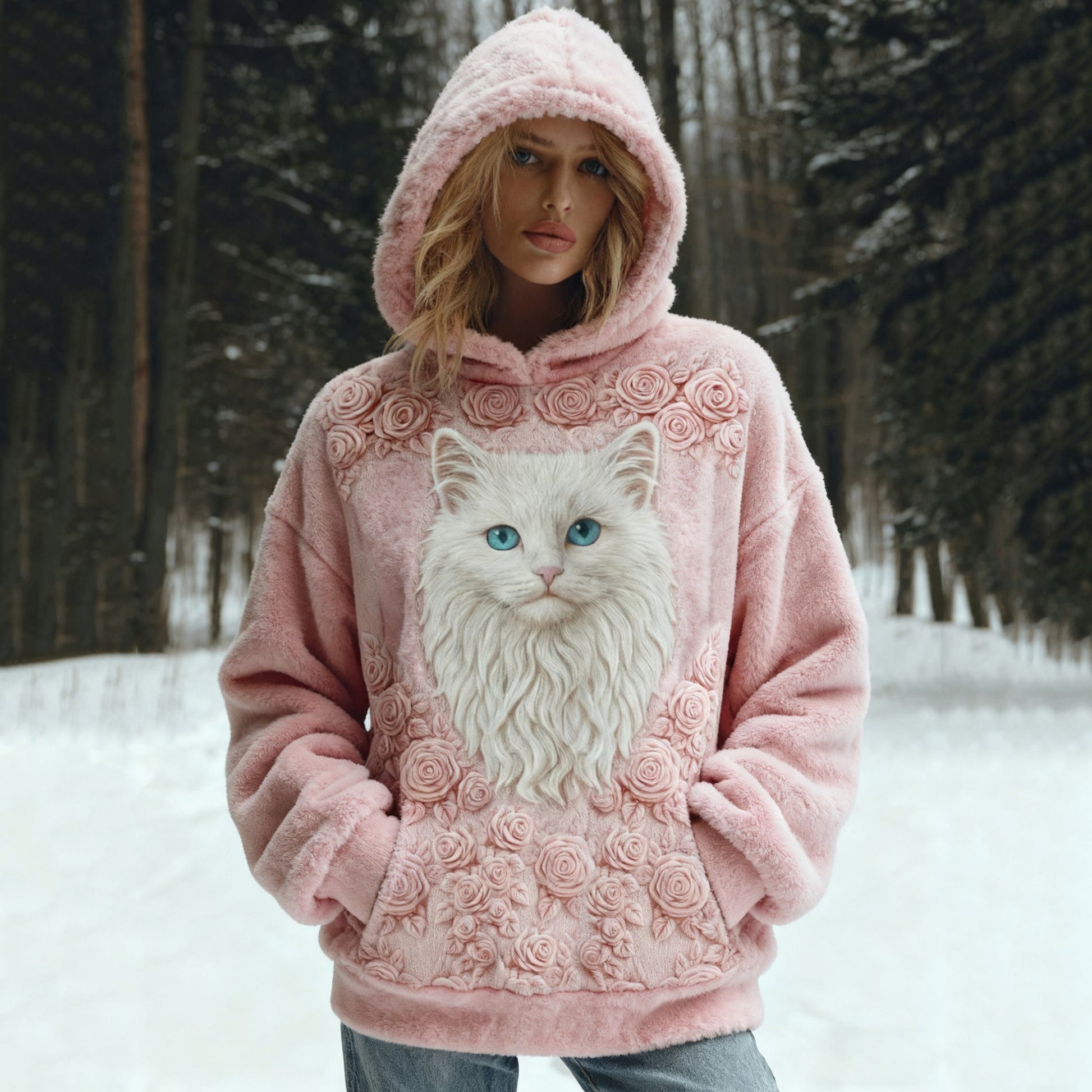 Comstylish Vintage Cute Cat Face With Roses Art Embroidered Art Flannel Warm Hooded Sweatshirt