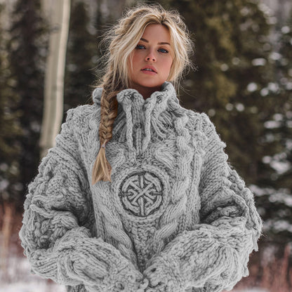 Women's Viking Celtic Knot Rune Knit Jacquard Warm Turtleneck Sweater artswardrobe