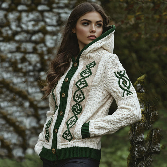 Women's Contrast Clover Jacquard Pocket Hooded Aran Sweater artswardrobe
