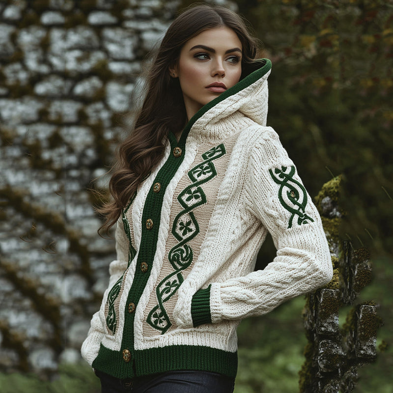 Women's Contrast Clover Jacquard Pocket Hooded Aran Sweater elevenforest