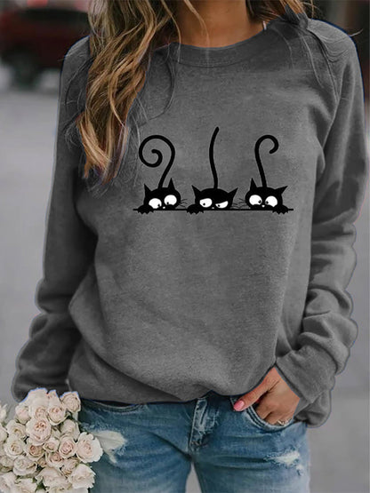 Women's Casual Black Cat Print Sweatshirt elevenforest