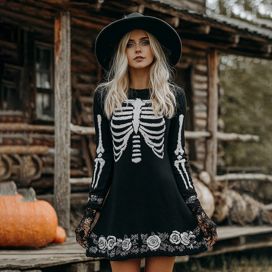 Vintage Skull Rose Crew Neck Comfortable Witch Sweater Dress artswardrobe