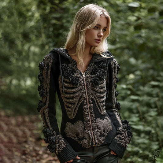 Women's Vintage Skeleton Rose Art Zipper Knit Hooded Sweater artswardrobe