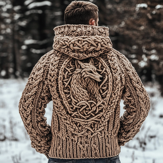 Men's Viking Wolf Jacquard Celtic Style Knitted Hooded Sweater artswardrobe