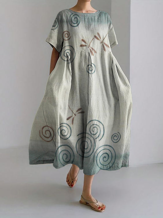 Comstylish Dragonflies & Ripples Gradient Japanese Art Linen Blend Maxi Dress