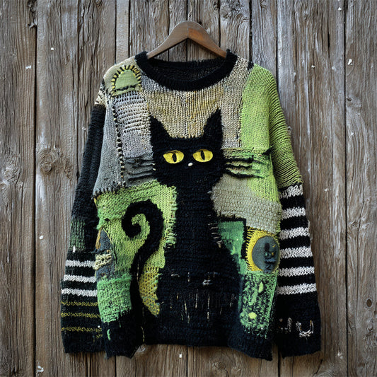 Halloween Witch Black Cat Striped Patchwork Cozy Knit Sweater artswardrobe