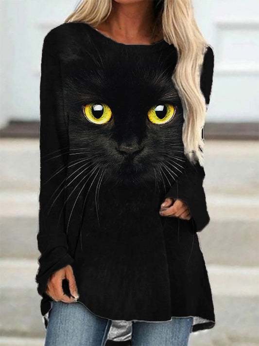 Black Cat Face Print A Line T Shirt elevenforest