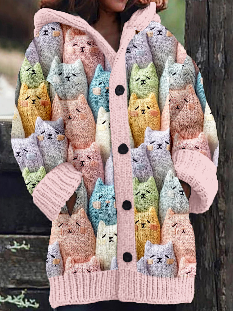 Cute Pastel Fluffy Cats Knitted Cozy Hooded Cardigan elevenforest