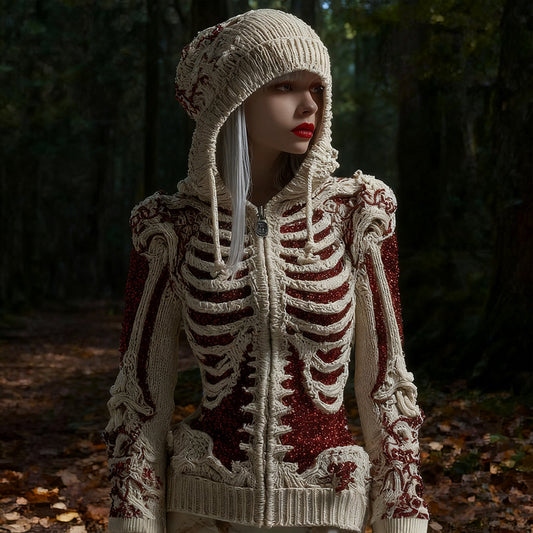 Halloween Skull Sequin Art Knit Zipper Hooded Sweater artswardrobe