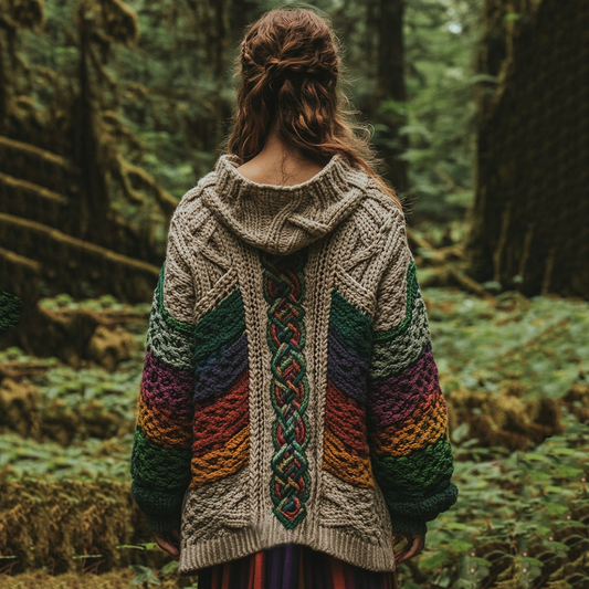 Women's Celtic Knot Retro Rainbow Chunky Knit Hooded Cardigan artswardrobe