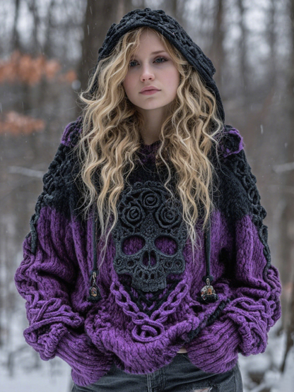 Women's Vintage Viking Tribal Celtic Skull Gradient Art Chunky Knit Hooded Sweater artswardrobe