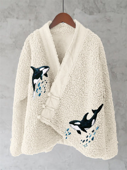 Comstylish Ocean Whales Embroidery Art Fleece Kimono Cardigan