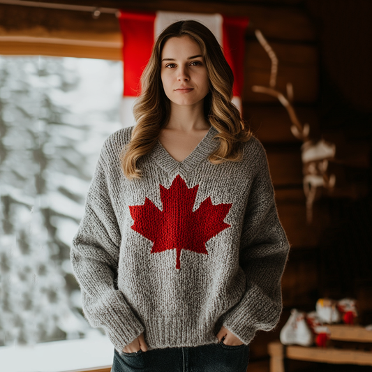Classic Canada Maple Leaf Pattern V Neck Cozy Sweater artswardrobe