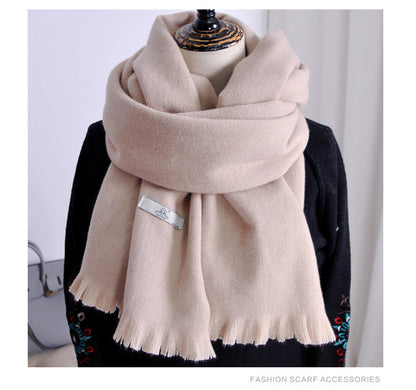 Women's Solid-color Cashmere Scarf with Thick Tassels
